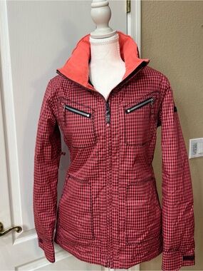 RIDE Snowboards Plaid Ski Jacket Womens Small Coral Red Hydrapel Insulated